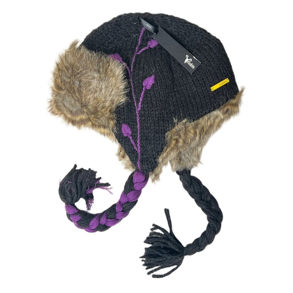 Vintage Nobis Ms. Eve Knit Beanie Faux Fux Ear Flap Aviator Hat Pilot Cap